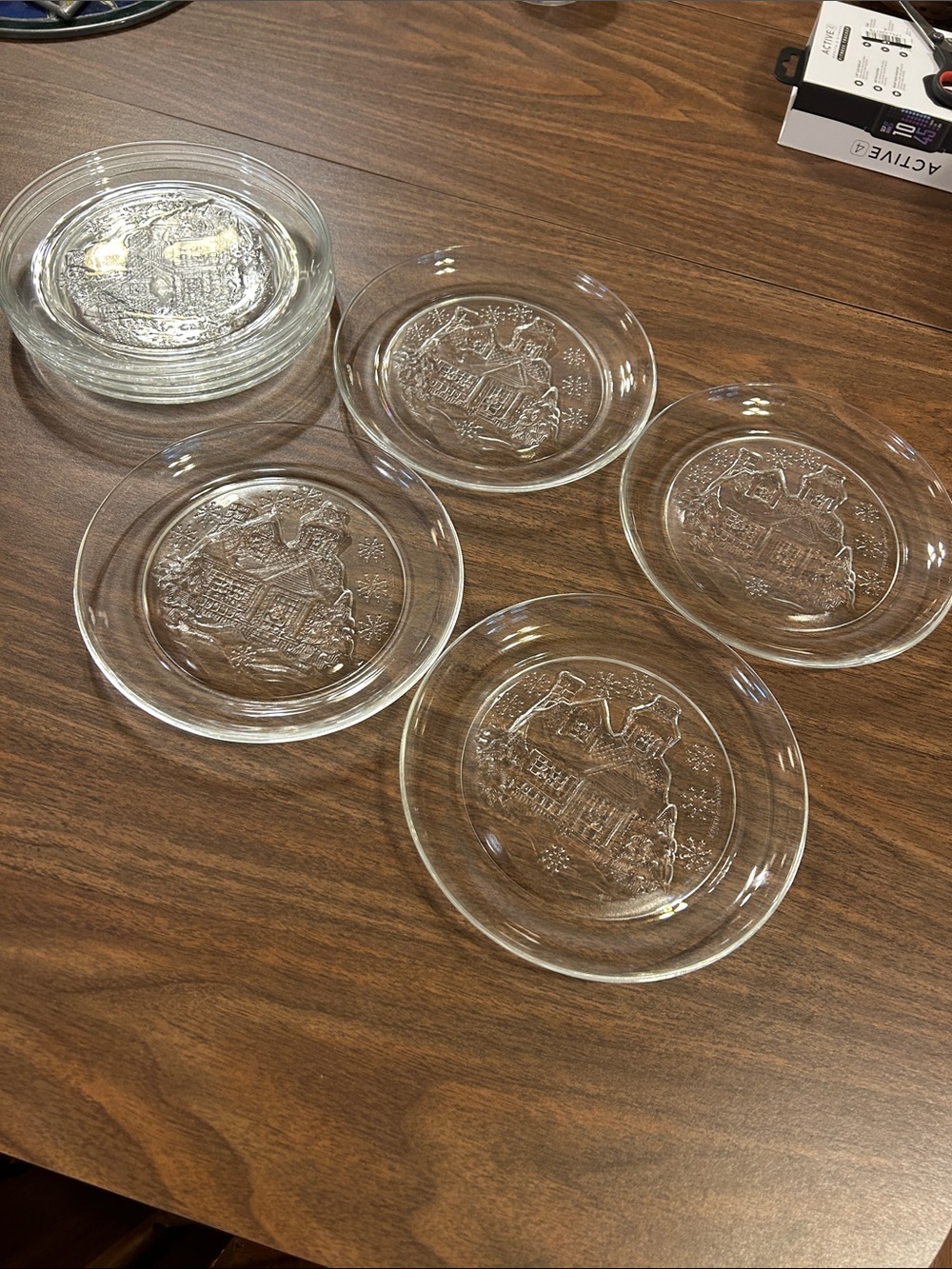 Clear Glass Dessert Plates with Embossed House Motif - Set of 8